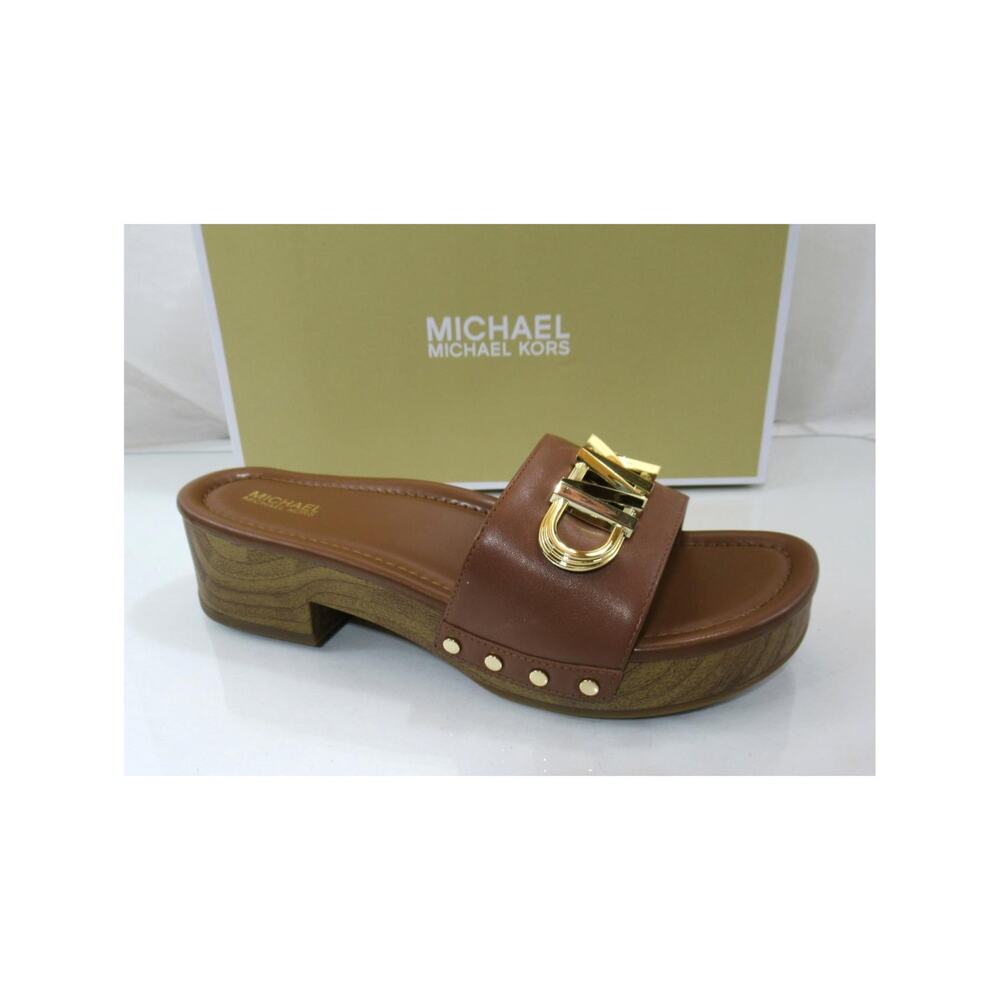 Michael Kors Parker Slide Slip On Platform Dress Sandal MK Logo Luggage Size 6.5